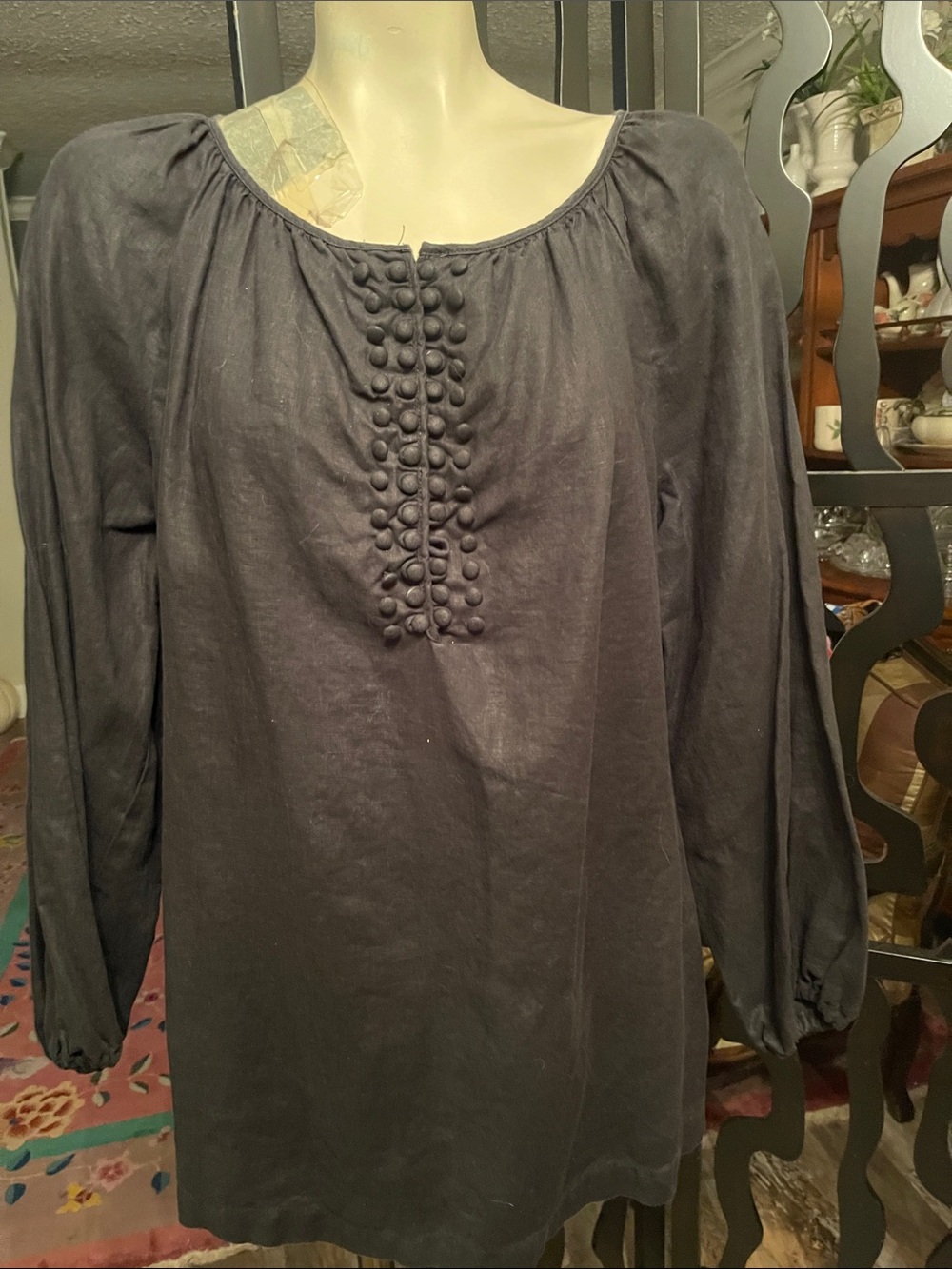 Grace Elements Linen Black Long-Sleeve Peasant Blouse with Covered Buttons